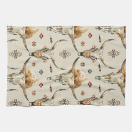 ブラウンクリームトライバル先住民羽毛スカル キッチンタオル