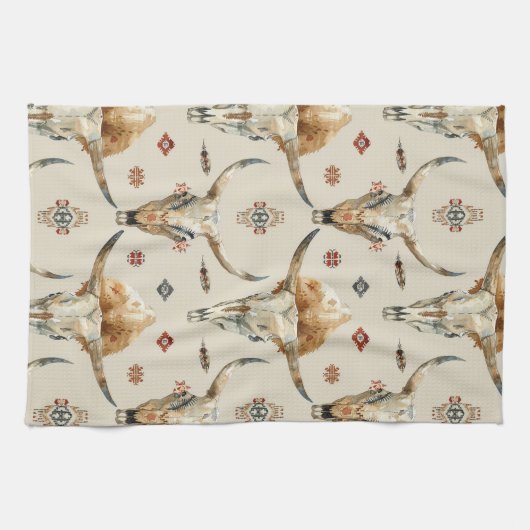 ブラウンクリームトライバル先住民羽毛スカル キッチンタオル (横)