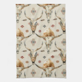 ブラウンクリームトライバル先住民羽毛スカル キッチンタオル (縦)