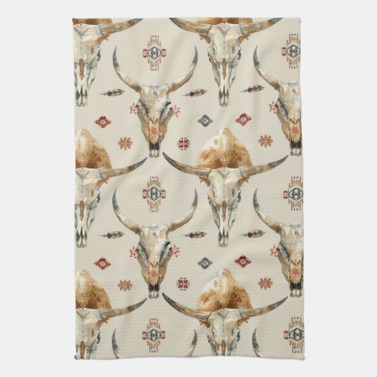 ブラウンクリームトライバル先住民羽毛スカル キッチンタオル (縦)