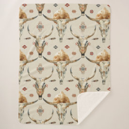 ブラウンクリームトライバル先住民羽毛スカル シェルパブランケット