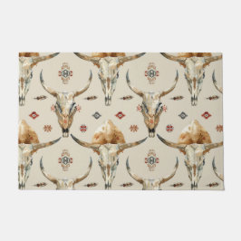 ブラウンクリームトライバル先住民羽毛スカル ドアマット