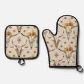 ブラウンクリームトライバル先住民羽毛スカル 鍋つかみ&鍋敷きセット (正面)