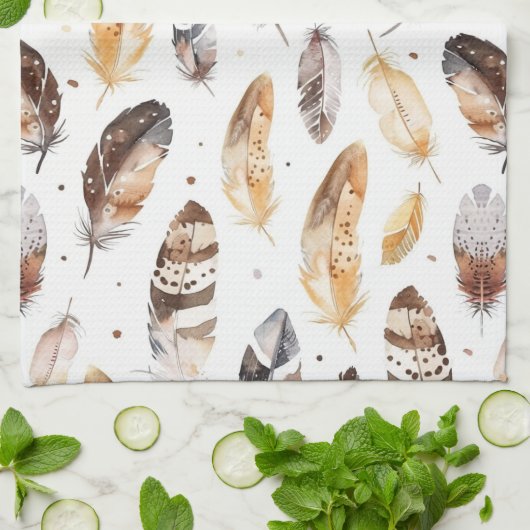 ブラウンクリームトライバル先住民羽毛 キッチンタオル (折り畳み)
