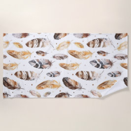 ブラウンクリームトライバル先住民羽毛 ビーチタオル