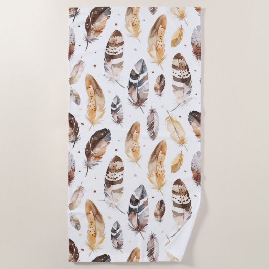 ブラウンクリームトライバル先住民羽毛 ビーチタオル (正面)