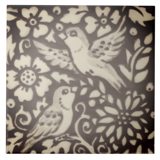 ブラウンクリームバードフローラフリーウッドランドデコール タイル (正面)