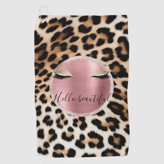 ブラウンクリームヒョウ金ゴールドグリッター目 ゴルフタオル (正面)