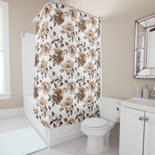 ブラウンクリームホワイトフラワークリスマス シャワーカーテン (インサイチュ)