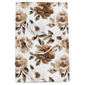 ブラウンクリームホワイトフラワーズ誕生日 ミディアムペーパーバッグ (正面)