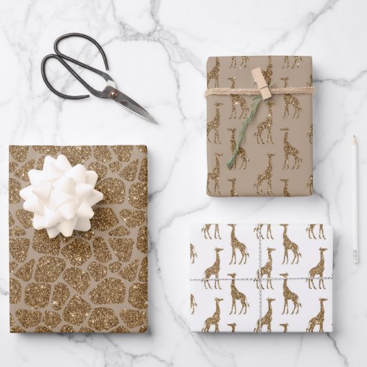 ブラウンクリーム金ゴールドキリンプリントグリッター      ラッピングペーパーシート (正面)
