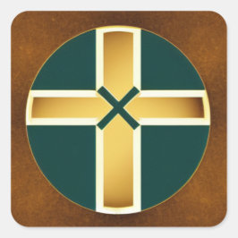 ブラウンクロスとティール（緑がかった色）の背景シール スクエアシール