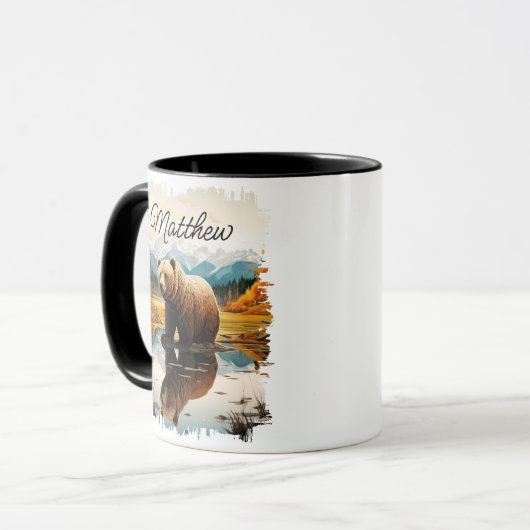 ブラウングリズリーベアーレイクマウンテンリフレクション マグカップ (正面左)