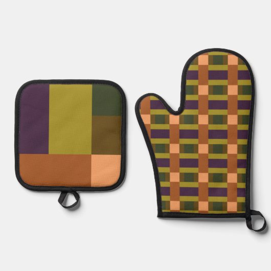 ブラウングリーンピーチパープルカラーブロックプリントゴルフへ 鍋つかみ&鍋敷きセット (正面)