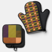 ブラウングリーンピーチパープルカラーブロックプリントゴルフへ 鍋つかみ&鍋敷きセット (正面/裏面)