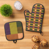 ブラウングリーンピーチパープルカラーブロックプリントゴルフへ 鍋つかみ&鍋敷きセット (トップダウン)