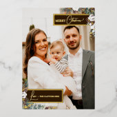 ブラウングリーンリーヴィンテージクリスマスファミリーポートレート 箔シーズンカード (正面)