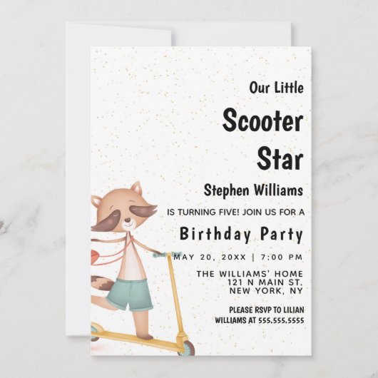 ブラウングリーン金ゴールドレークーンスクーター誕生日パーティー 招待状 (正面)