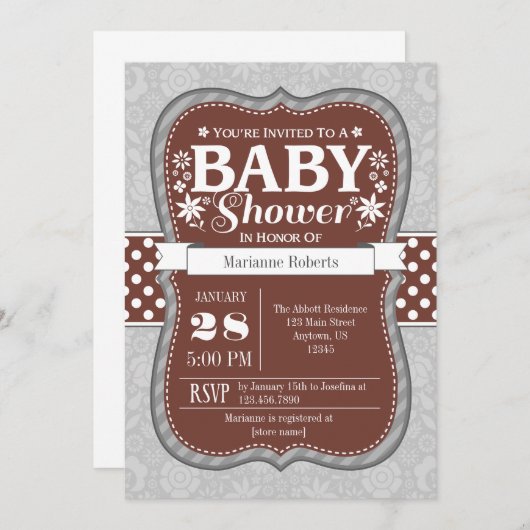 ブラウングレーフローラフラワーベビーシャワー招待状 招待状 (正面/裏面)