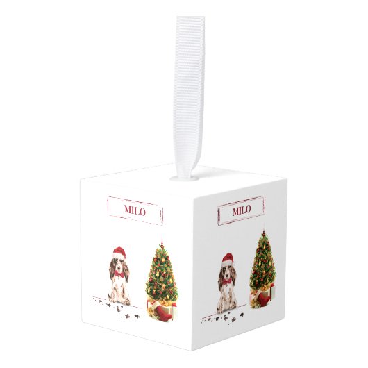 ブラウンコッカースパニエル犬おもしろいクリスマスドッグと木 キューブオーナメント (正面アングル)