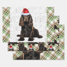 ブラウンコッカースパニエル犬ドッグホリデープレイドクリスマス ラッピングペーパーシート