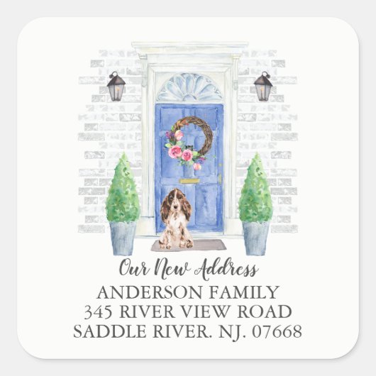ブラウンコッカースパニエル犬ブルードア新しい住所ラベル スクエアシール (正面)