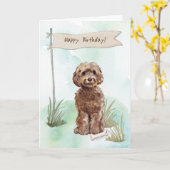 ブラウンコックパプー犬の下の誕生日標識 カード (黄色い花)