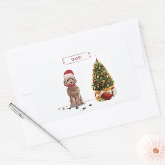 ブラウンコックポおもしろいークリスマス犬と木 長方形シール (封筒)