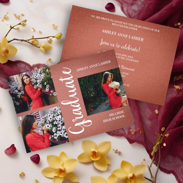 ブラウンコラージュ3枚の写真の卒業感 (Reddish-Brown Natural Fabric Collage 3 Multi Photos Grad Graduation Invitation. )