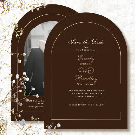 ブラウンゴールドアーチシャンパンセーブザデート結婚式 招待状