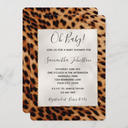 ブラウンサファリヒョウ動物の赤ちゃんシャワー 招待状 (正面/裏面)