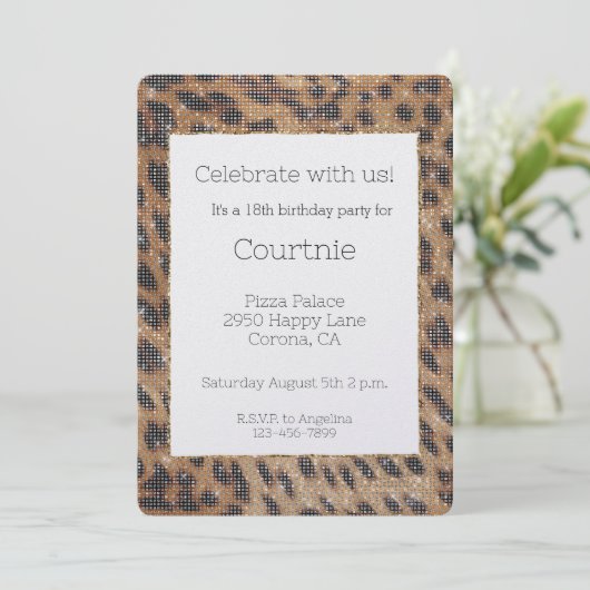 ブラウンサファリヒョウ動物スパークル誕生日 招待状 (スタンド正面)