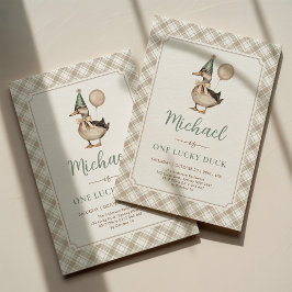 ブラウンサージワンラッキーアヒル気球1歳の誕生日 招待状