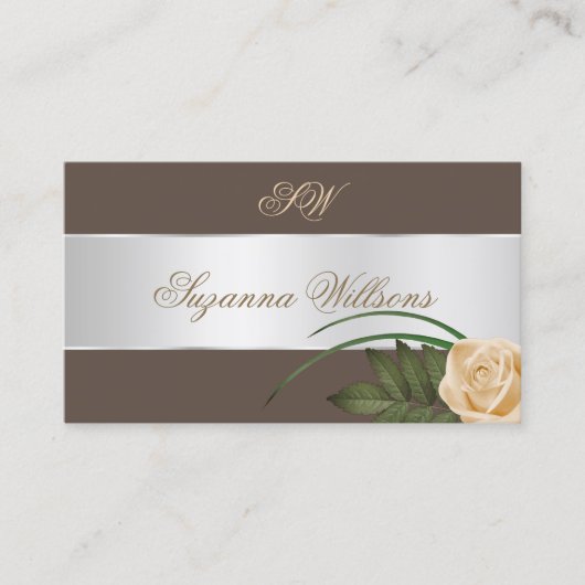 ブラウンシルバーデカールかわいいバラフラワーとイニシャル 名刺 (正面)