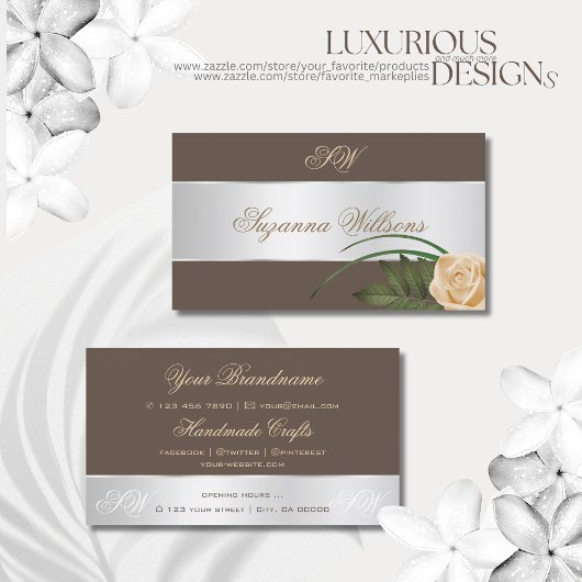 ブラウンシルバーデカールかわいいバラフラワーとイニシャル 名刺