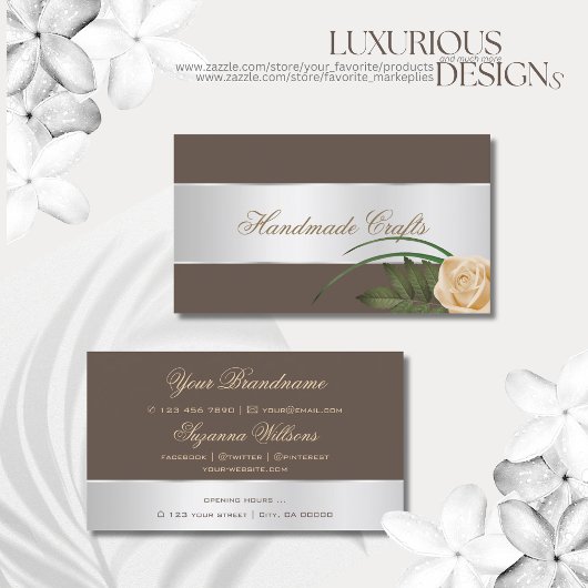 ブラウンシルバーデカールかわいいバラフラワーエレガントフローラ 名刺