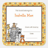 ブラウンジャングルアニマルズブックプレート蔵書票ラベル スクエアシール (正面)