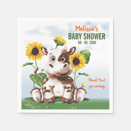 ブラウンジャージー牛ひまわり赤ちゃんシャワー スタンダードカクテルナプキン (正面)