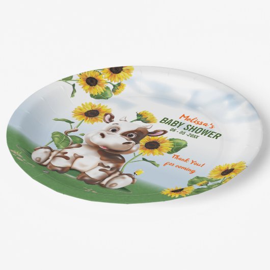 ブラウンジャージー牛ひまわり赤ちゃんシャワー ペーパープレート (アングル)