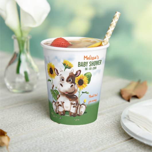 ブラウンジャージー牛ひまわり赤ちゃんシャワー 紙コップ (インサイチュ)