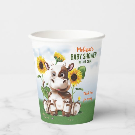 ブラウンジャージー牛ひまわり赤ちゃんシャワー 紙コップ (正面)