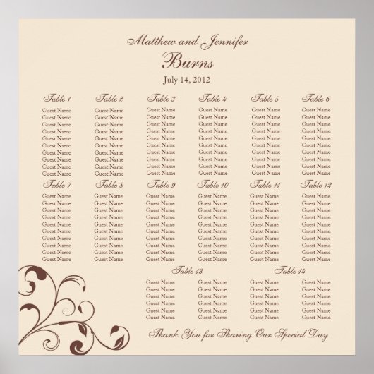 ブラウンスクエアウェディングレセプションシーティングチャート ポスター (正面)