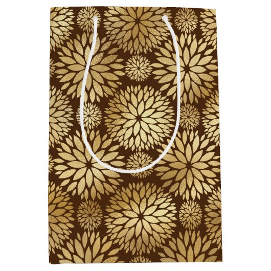 ブラウンスタイリッシュと金ゴールドのダリアスのパターン ミディアムペーパーバッグ (正面)