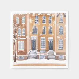 ブラウンスタイルの家々 | 雪の街並み 水彩画 スタンダードカクテルナプキン