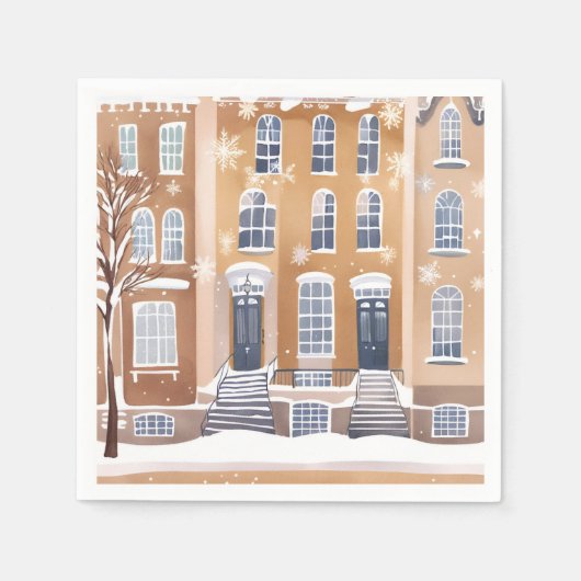 ブラウンスタイルの家々 | 雪の街並み 水彩画 スタンダードカクテルナプキン (正面)