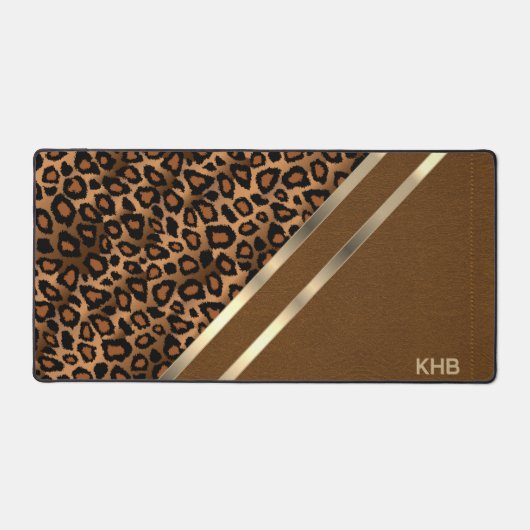 ブラウンステッフェイクチレザー&レオパード – モノグラム デスクマット (正面)