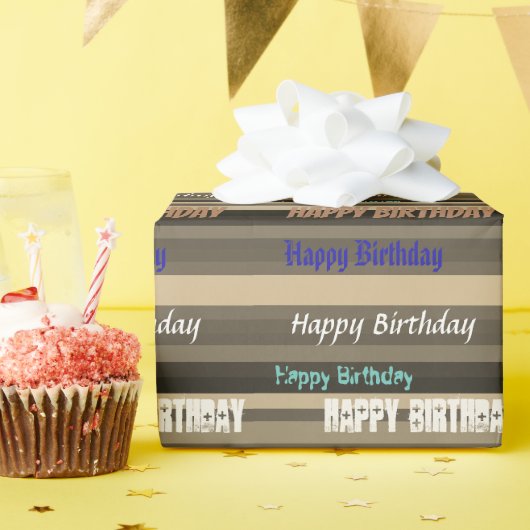 ブラウンストライプの誕生日 ラッピングペーパー (誕生日パーティー)