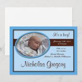 ブラウンストライプブルーの出産のお知らせ 案内状 (正面/裏面)