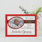 ブラウンストライプ赤の出産のお知らせ 案内状 (スタンド正面)