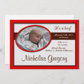 ブラウンストライプ赤の出産のお知らせ 案内状 (正面/裏面)